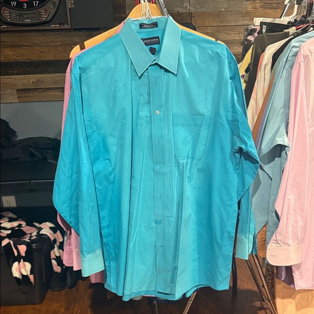 Stafford Teal Blue Long-Sleeve Dress Shirt 17-17.5 34/35